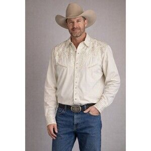 NWT Scully Men Western Shirt XL Ivory Floral Embroidered Long Sleeve Snap P-634